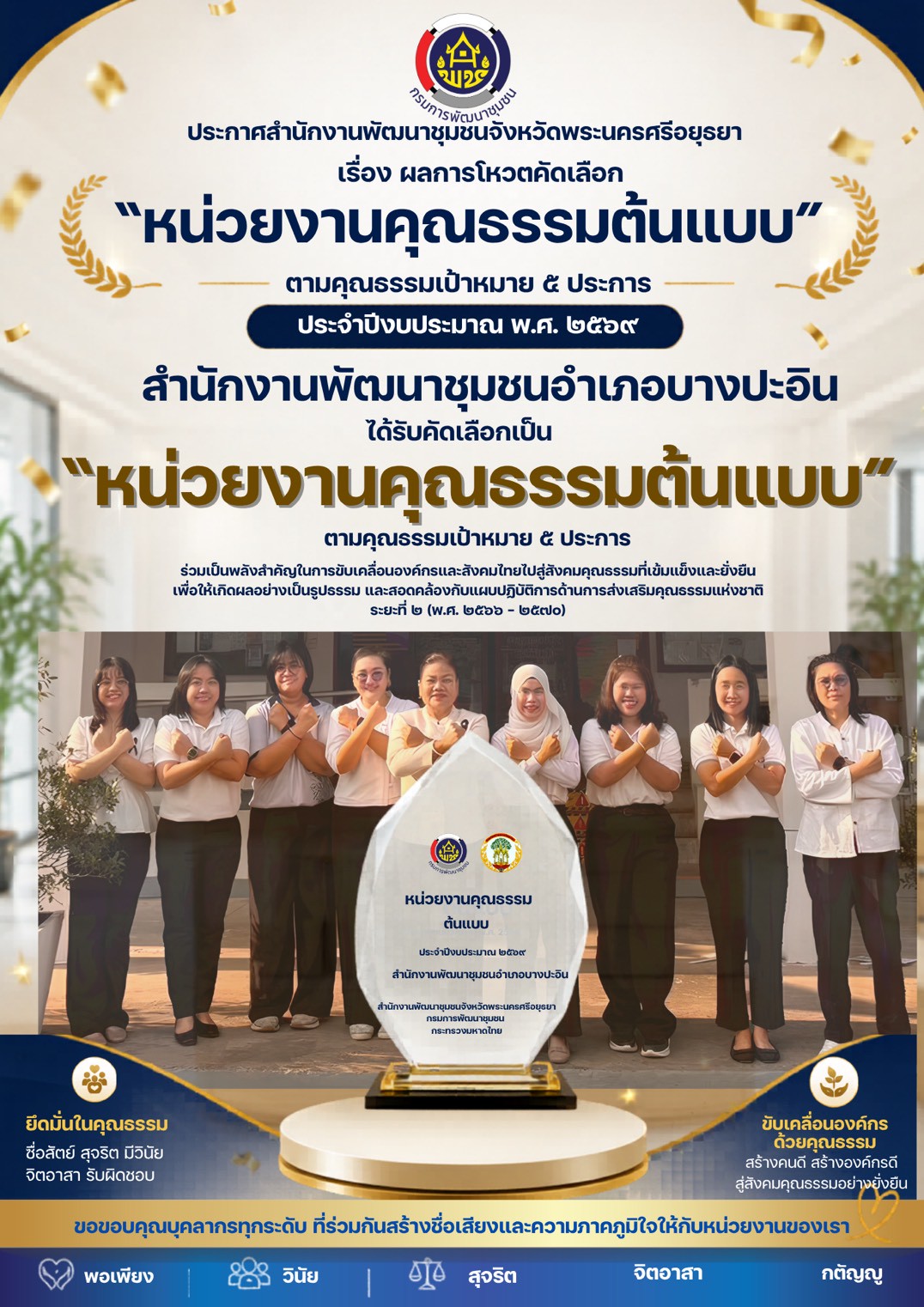 สำนักงานพัฒนาชุมชนอำเภอบางปะอิน คว้ารางวัลองค์กรคุณธรรมต้นแบบ